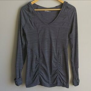 Zella Heathered Charcoal V-Neck Hooded Long-Sleeve Top